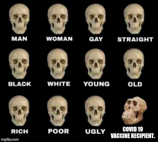 idiot skull | COVID 19 VACCINE RECIPIENT. | image tagged in idiot skull | made w/ Imgflip meme maker