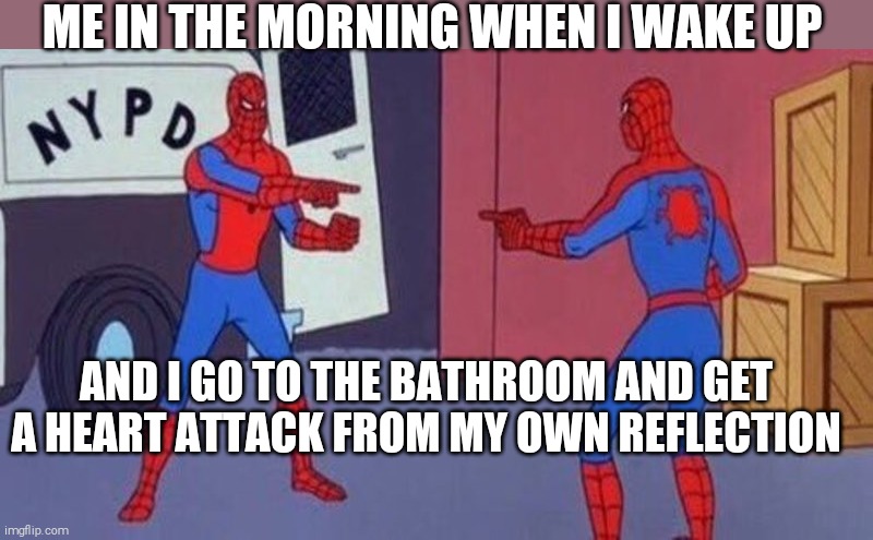 Morning times be like | ME IN THE MORNING WHEN I WAKE UP; AND I GO TO THE BATHROOM AND GET A HEART ATTACK FROM MY OWN REFLECTION | image tagged in spiderman pointing at spiderman,heart attack,spiderman mirror | made w/ Imgflip meme maker