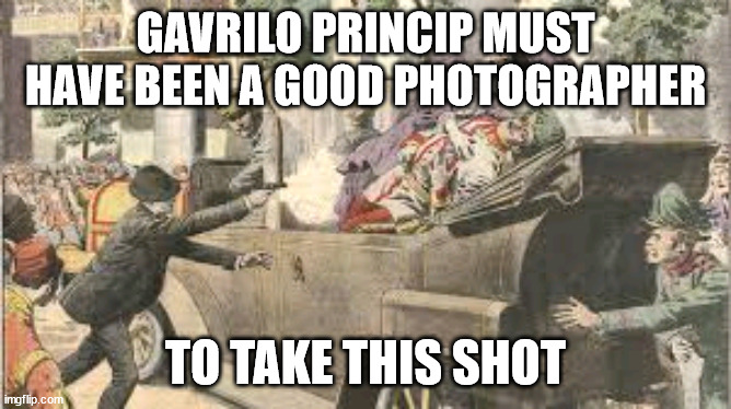 Assasination Of Archduke | GAVRILO PRINCIP MUST HAVE BEEN A GOOD PHOTOGRAPHER TO TAKE THIS SHOT | image tagged in assasination of archduke | made w/ Imgflip meme maker
