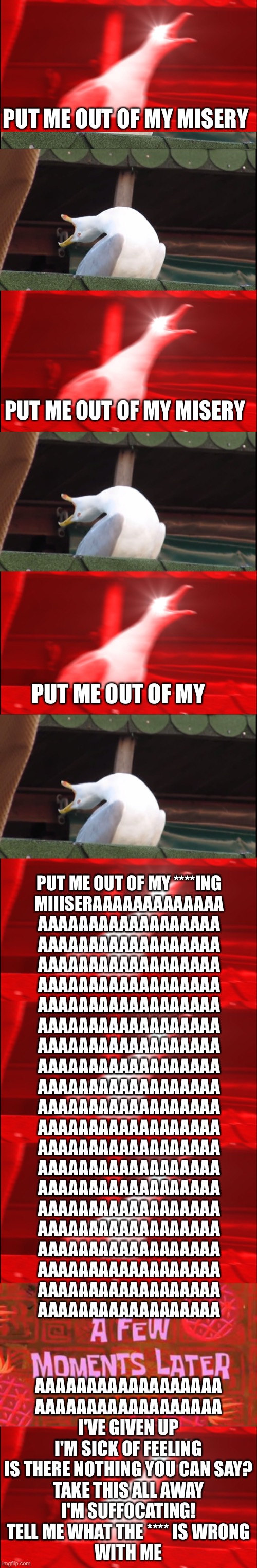 Seagull sings that one part in Given Up by Linkin Park | PUT ME OUT OF MY MISERY; PUT ME OUT OF MY MISERY; PUT ME OUT OF MY; PUT ME OUT OF MY ****ING
MIIISERAAAAAAAAAAAAA
AAAAAAAAAAAAAAAAAA
AAAAAAAAAAAAAAAAAA
AAAAAAAAAAAAAAAAAA
AAAAAAAAAAAAAAAAAA
AAAAAAAAAAAAAAAAAA
AAAAAAAAAAAAAAAAAA
AAAAAAAAAAAAAAAAAA
AAAAAAAAAAAAAAAAAA
AAAAAAAAAAAAAAAAAA
AAAAAAAAAAAAAAAAAA
AAAAAAAAAAAAAAAAAA
AAAAAAAAAAAAAAAAAA
AAAAAAAAAAAAAAAAAA
AAAAAAAAAAAAAAAAAA
AAAAAAAAAAAAAAAAAA
AAAAAAAAAAAAAAAAAA
AAAAAAAAAAAAAAAAAA
AAAAAAAAAAAAAAAAAA
AAAAAAAAAAAAAAAAAA
AAAAAAAAAAAAAAAAAA; AAAAAAAAAAAAAAAAAA
AAAAAAAAAAAAAAAAAA

I'VE GIVEN UP
I'M SICK OF FEELING
IS THERE NOTHING YOU CAN SAY?
TAKE THIS ALL AWAY
I'M SUFFOCATING!
TELL ME WHAT THE **** IS WRONG
WITH ME | image tagged in memes,inhaling seagull,a few moments later,linkin park,chester bennington,scream | made w/ Imgflip meme maker