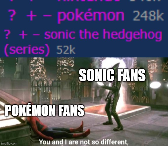 Sonic Fans = Pokemon fans | SONIC FANS; POKÉMON FANS | image tagged in you and i are not so diffrent,sonic the hedgehog,sonic,pokemon,furries | made w/ Imgflip meme maker