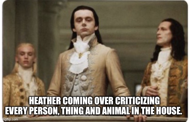 Superior Royalty | HEATHER COMING OVER CRITICIZING EVERY PERSON, THING AND ANIMAL IN THE HOUSE. | image tagged in superior royalty | made w/ Imgflip meme maker