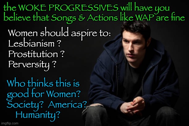 WAP?   More like  WTF?!        <neverwoke> | the WOKE PROGRESSIVES will have you believe that Songs & Actions like WAP are fine; Women should aspire to:
Lesbianism ?
Prostitution ?
Perversity ? Who thinks this is 
good for Women?
Society?  America?  
    Humanity? | image tagged in progressives,demonrats,mr potato head,dr seuss,uncle ben,aunt jemima | made w/ Imgflip meme maker
