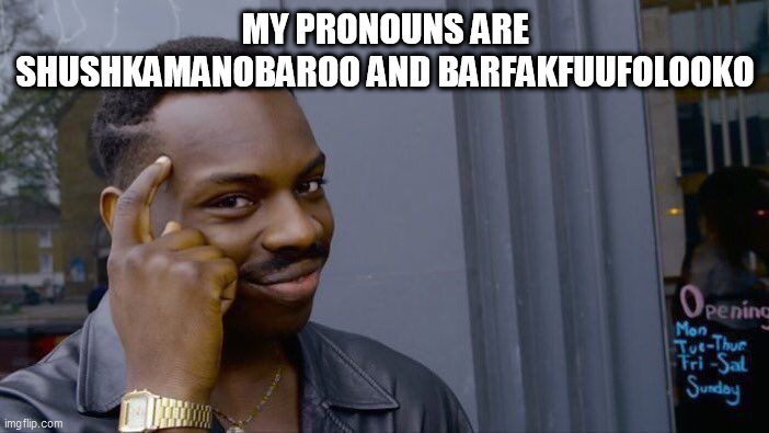Roll Safe Think About It Meme | MY PRONOUNS ARE SHUSHKAMANOBAROO AND BARFAKFUUFOLOOKO | image tagged in memes,roll safe think about it | made w/ Imgflip meme maker