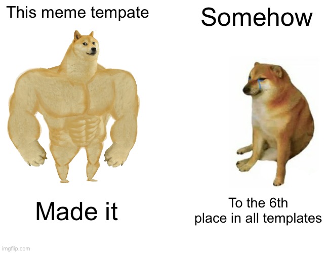 Buff Doge vs. Cheems Meme | This meme tempate; Somehow; Made it; To the 6th place in all templates | image tagged in memes,buff doge vs cheems | made w/ Imgflip meme maker