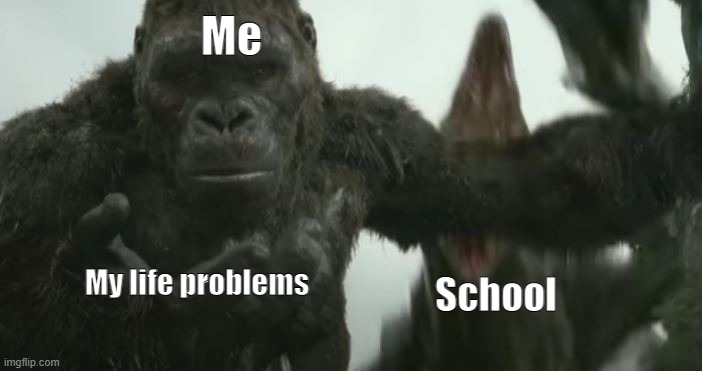 Kong looking at his life problems | Me; My life problems; School | image tagged in king kong | made w/ Imgflip meme maker
