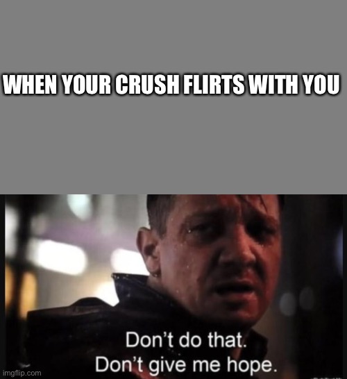WHEN YOUR CRUSH FLIRTS WITH YOU | image tagged in blank grey,hawkeye don t give me hope | made w/ Imgflip meme maker