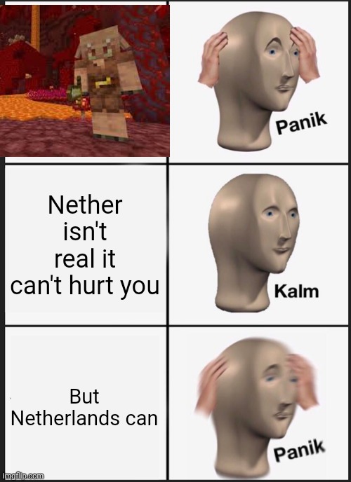 Panik Kalm Panik Meme | Nether isn't real it can't hurt you; But Netherlands can | image tagged in memes,panik kalm panik,netherlands,minecraft,nether,get a brain | made w/ Imgflip meme maker