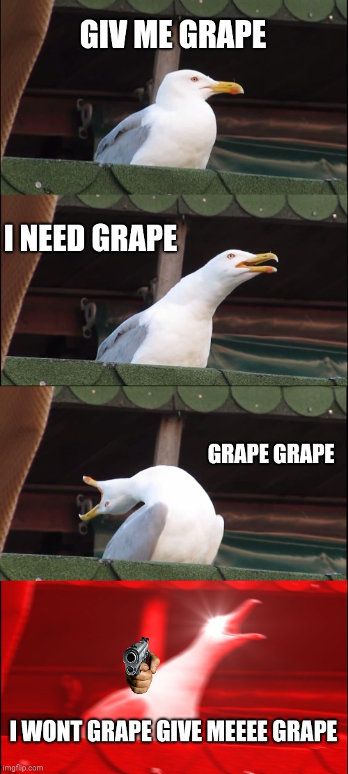 Inhaling Seagull | GIV ME GRAPE; I NEED GRAPE; GRAPE GRAPE; I WONT GRAPE GIVE MEEEE GRAPE | image tagged in memes,inhaling seagull | made w/ Imgflip meme maker