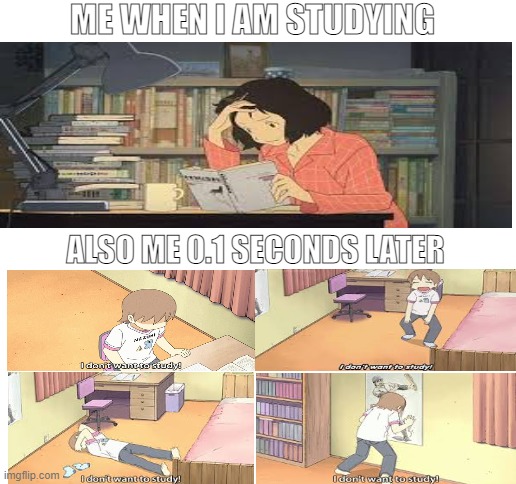 Blank White Template | ME WHEN I AM STUDYING; ALSO ME 0.1 SECONDS LATER | image tagged in blank white template | made w/ Imgflip meme maker