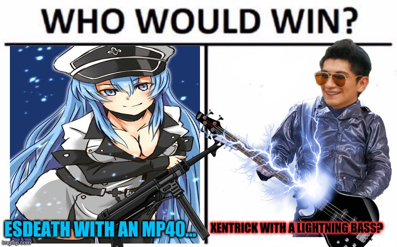 Esdeath vs Xentrick the creeper |  XENTRICK WITH A LIGHTNING BASS? ESDEATH WITH AN MP40... | image tagged in memes,who would win,anime girl,death battle,heavy metal | made w/ Imgflip meme maker
