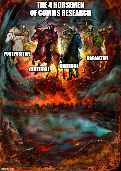 4 horsemen of comms research | THE 4 HORSEMEN OF COMMS RESEARCH; POSTPOSITIVE; NORMATIVE; CRITICAL; CULTURAL | image tagged in the four horsemen of the apocalypse | made w/ Imgflip meme maker