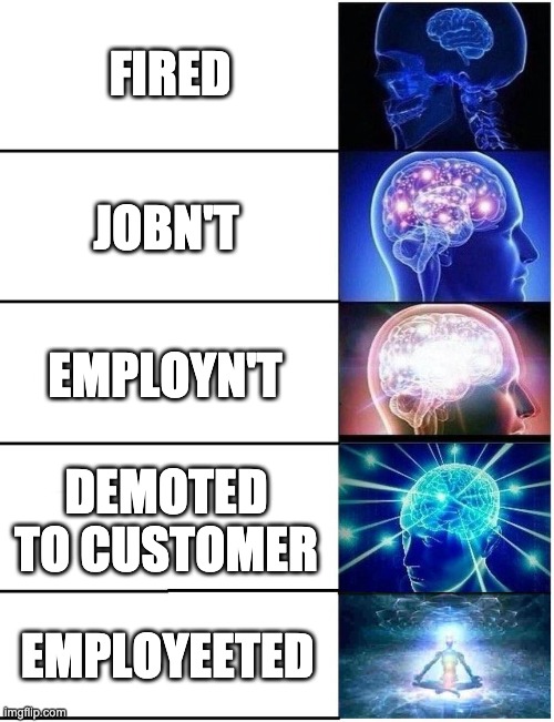 Another one of those | FIRED; JOBN'T; EMPLOYN'T; DEMOTED TO CUSTOMER; EMPLOYEETED | image tagged in expanding brain 5 panel | made w/ Imgflip meme maker