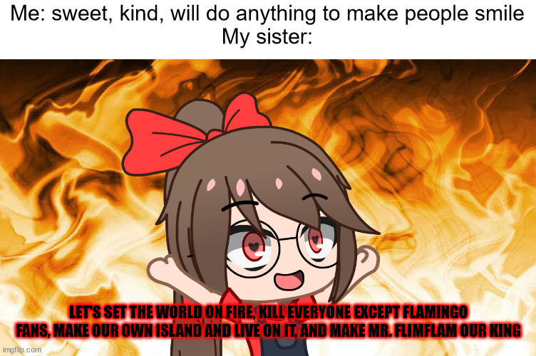 My sister in one meme | Me: sweet, kind, will do anything to make people smile
My sister:; LET'S SET THE WORLD ON FIRE, KILL EVERYONE EXCEPT FLAMINGO FANS, MAKE OUR OWN ISLAND AND LIVE ON IT, AND MAKE MR. FLIMFLAM OUR KING | image tagged in sharky_girl setting the world on fire | made w/ Imgflip meme maker