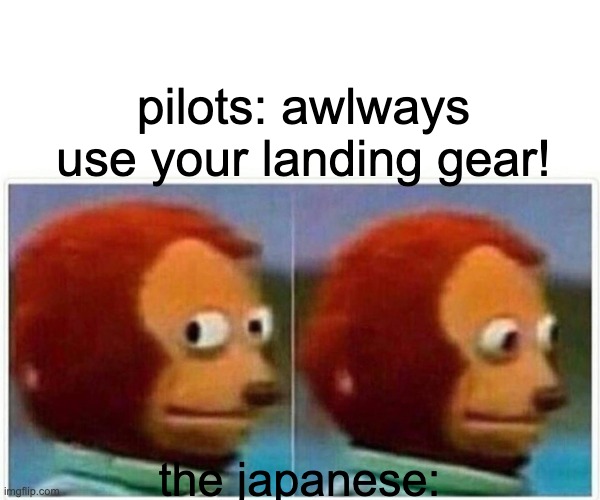 Japanese pilots meme | pilots: awlways use your landing gear! the japanese: | image tagged in memes,monkey puppet | made w/ Imgflip meme maker