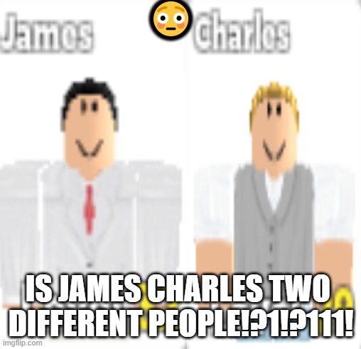 pog moment | 😳; IS JAMES CHARLES TWO 
DIFFERENT PEOPLE!?1!?111! | image tagged in roblox,meme,lolz,pog | made w/ Imgflip meme maker