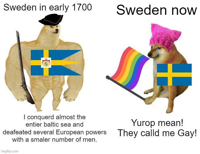 Sweden be like | Sweden in early 1700; Sweden now; I conquerd almost the entier baltic sea and deafeated several European powers with a smaler number of men. Yurop mean! They calld me Gay! | image tagged in memes,buff doge vs cheems | made w/ Imgflip meme maker