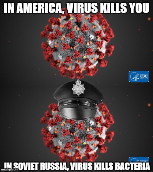 Virus Kills Bacteria | IN AMERICA, VIRUS KILLS YOU; IN SOVIET RUSSIA, VIRUS KILLS BACTERIA | image tagged in covid 19 | made w/ Imgflip meme maker