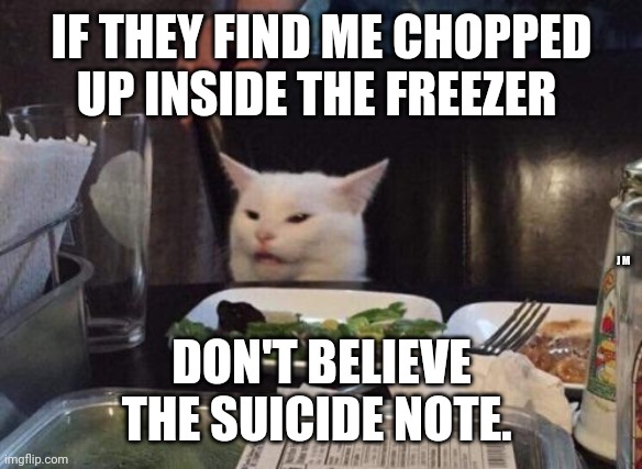 Salad cat | IF THEY FIND ME CHOPPED UP INSIDE THE FREEZER; J M; DON'T BELIEVE THE SUICIDE NOTE. | image tagged in salad cat | made w/ Imgflip meme maker