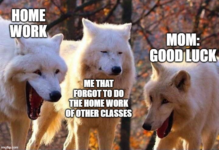 Laughing wolf | HOME WORK; MOM: GOOD LUCK; ME THAT FORGOT TO DO THE HOME WORK OF OTHER CLASSES | image tagged in laughing wolf | made w/ Imgflip meme maker