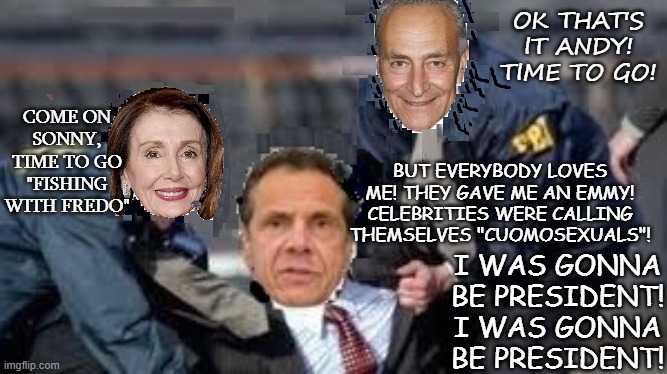 DNC Cannibalism | BUT EVERYBODY LOVES ME! THEY GAVE ME AN EMMY! CELEBRITIES WERE CALLING THEMSELVES "CUOMOSEXUALS"! I WAS GONNA BE PRESIDENT! I WAS GONNA BE PRESIDENT! | image tagged in cuomo,pelosi,chuck schumer | made w/ Imgflip meme maker