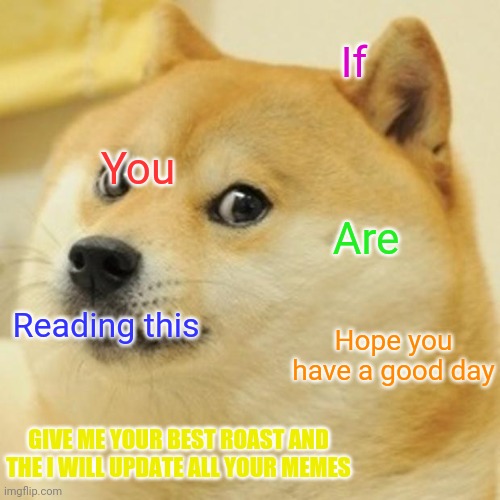 Doge | If; You; Are; Reading this; Hope you have a good day; GIVE ME YOUR BEST ROAST AND THE I WILL UPDATE ALL YOUR MEMES | image tagged in memes,doge | made w/ Imgflip meme maker