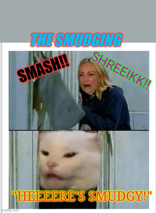 The Epic Horror Film | THE SMUDGING; SMASH!! SHREEIKK!! "HEEEERE'S SMUDGY!" | image tagged in woman yelling at cat,the shining,that's just silly cat | made w/ Imgflip meme maker