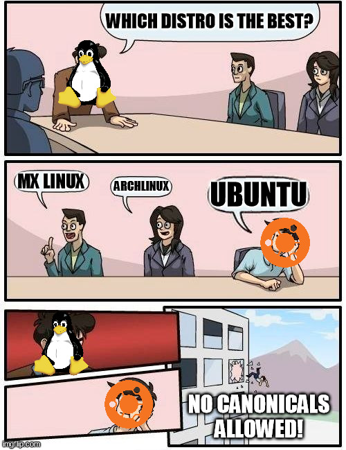 Best Distro | WHICH DISTRO IS THE BEST? MX LINUX; ARCHLINUX; UBUNTU; NO CANONICALS ALLOWED! | image tagged in memes,boardroom meeting suggestion | made w/ Imgflip meme maker