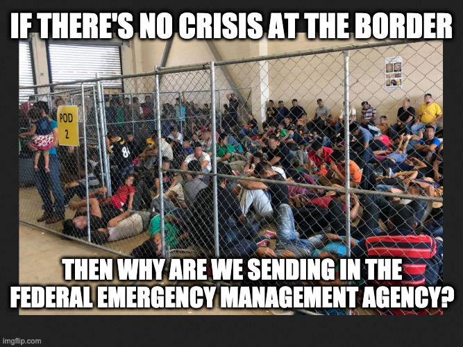 Crisis, What Crisis? | IF THERE'S NO CRISIS AT THE BORDER; THEN WHY ARE WE SENDING IN THE FEDERAL EMERGENCY MANAGEMENT AGENCY? | image tagged in crisis,illegals,migrants,border,kids in cages | made w/ Imgflip meme maker
