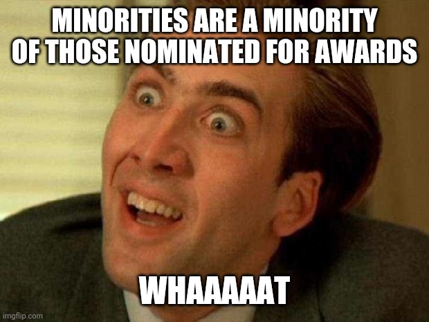 Stop the press!!! | MINORITIES ARE A MINORITY OF THOSE NOMINATED FOR AWARDS; WHAAAAAT | image tagged in nicolas cage,simple,math,the oscars | made w/ Imgflip meme maker