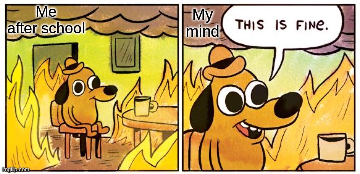 This Is Fine Meme | Me after school; My mind | image tagged in memes,this is fine | made w/ Imgflip meme maker