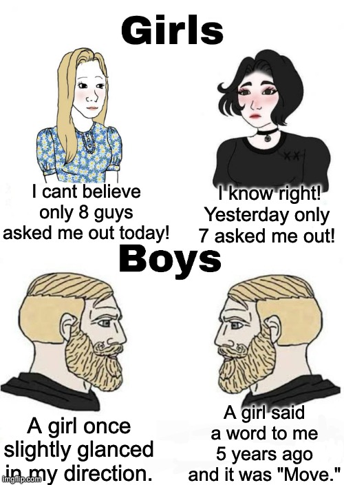 Girls vs Boys | I cant believe only 8 guys asked me out today! I know right! Yesterday only 7 asked me out! A girl said a word to me 5 years ago and it was "Move."; A girl once slightly glanced in my direction. | image tagged in girls vs boys | made w/ Imgflip meme maker