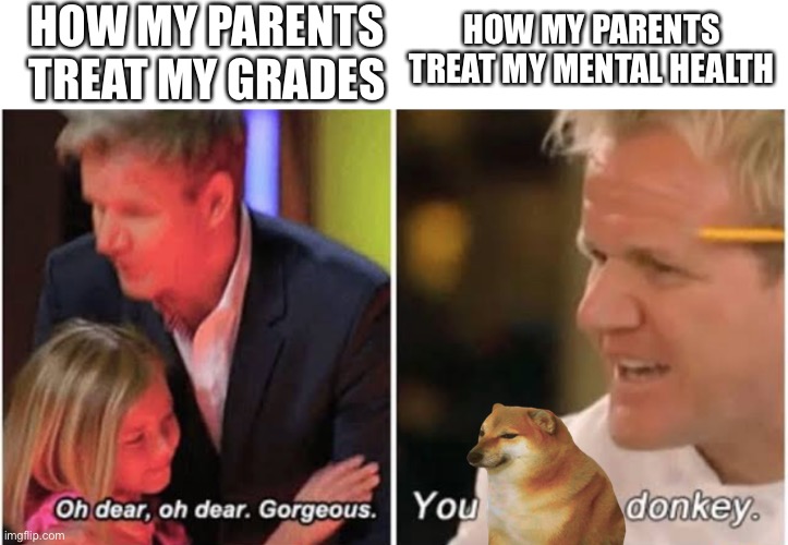 Relatable anyone? | HOW MY PARENTS TREAT MY GRADES HOW MY PARENTS TREAT MY MENTAL HEALTH | image tagged in gordon ramsay kids vs adults | made w/ Imgflip meme maker