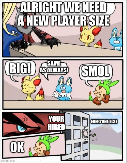 funny | ALRIGHT WE NEED A NEW PLAYER SIZE; SAME AS ALWAYS! BIG! SMOL; YOUR HIRED; EVERYONE ELSE; OK | image tagged in pokemon board meeting | made w/ Imgflip meme maker