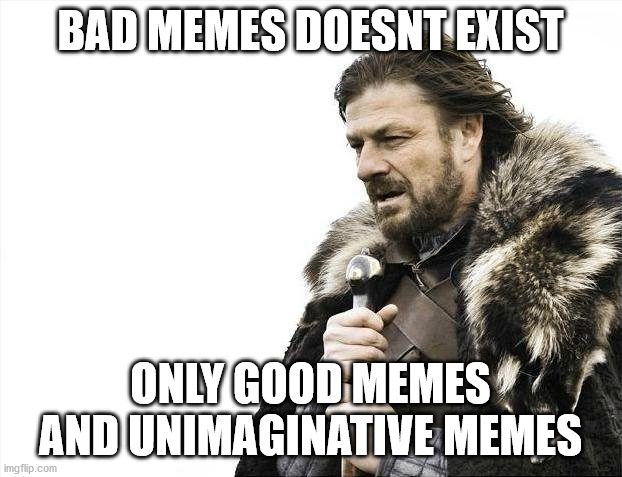 Bad memes doesnt exist | BAD MEMES DOESNT EXIST; ONLY GOOD MEMES AND UNIMAGINATIVE MEMES | image tagged in memes,brace yourselves x is coming,good memes,bad memes | made w/ Imgflip meme maker
