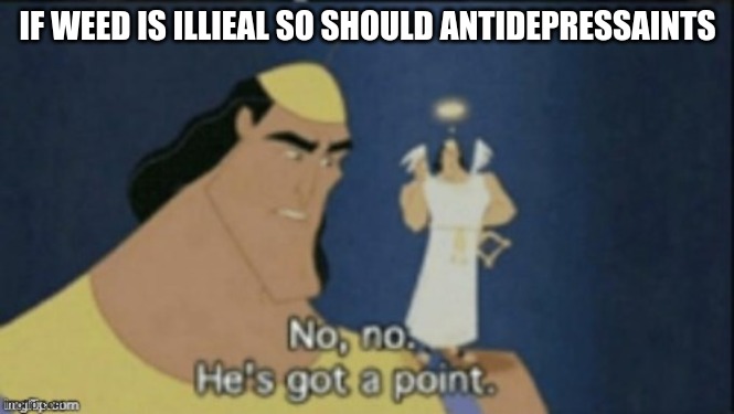 no no hes got a point | IF WEED IS ILLEGAL SO SHOULD ANTIDEPRESSANTS | image tagged in no no hes got a point | made w/ Imgflip meme maker