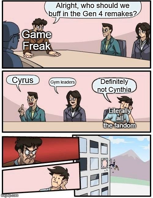 Boardroom Meeting Suggestion Meme | Alright, who should we buff in the Gen 4 remakes? Game Freak; Cyrus; Gym leaders; Definitely not Cynthia; Literally all the fandom | image tagged in memes,boardroom meeting suggestion | made w/ Imgflip meme maker
