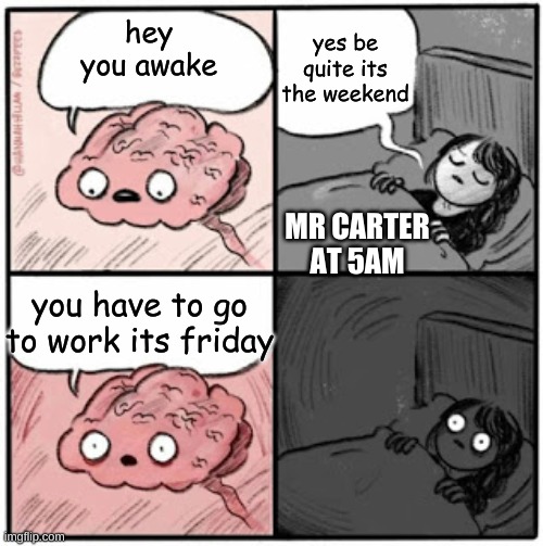 Brain Before Sleep | yes be quite its the weekend; hey you awake; MR CARTER AT 5AM; you have to go to work its friday | image tagged in brain before sleep | made w/ Imgflip meme maker