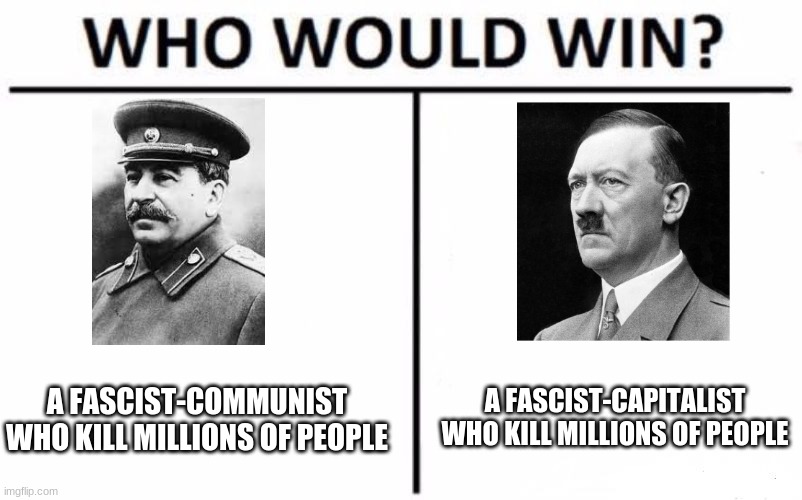 stalin vs. hitler | A FASCIST-CAPITALIST WHO KILL MILLIONS OF PEOPLE; A FASCIST-COMMUNIST WHO KILL MILLIONS OF PEOPLE | image tagged in memes,who would win,joseph stalin,adolf hitler | made w/ Imgflip meme maker