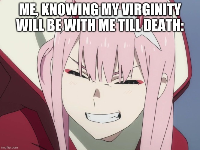 Smiling Zero-Two | ME, KNOWING MY VIRGINITY WILL BE WITH ME TILL DEATH: | image tagged in smiling zero-two | made w/ Imgflip meme maker