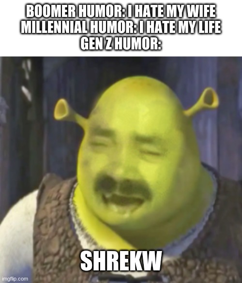 ShrekW | BOOMER HUMOR: I HATE MY WIFE
MILLENNIAL HUMOR: I HATE MY LIFE
GEN Z HUMOR:; SHREKW | image tagged in shrekw | made w/ Imgflip meme maker