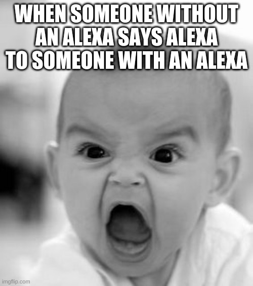 Alexa | WHEN SOMEONE WITHOUT AN ALEXA SAYS ALEXA TO SOMEONE WITH AN ALEXA | image tagged in memes,angry baby,alexa | made w/ Imgflip meme maker