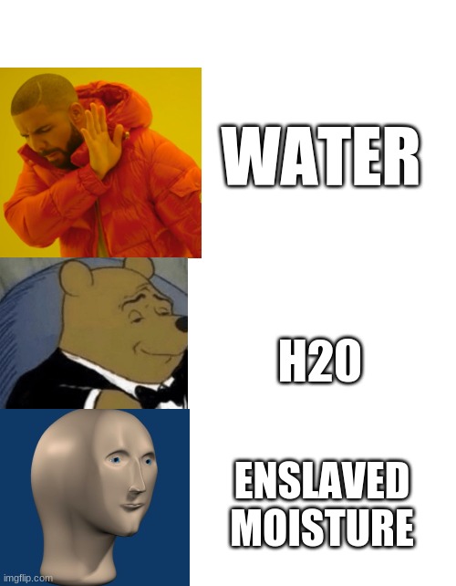 Ah yes | WATER; H20; ENSLAVED MOISTURE | image tagged in blank white template | made w/ Imgflip meme maker