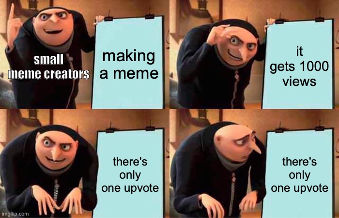 making memes be like | making a meme; it gets 1000 views; small meme creators; there's only one upvote; there's only one upvote | image tagged in memes,gru's plan | made w/ Imgflip meme maker