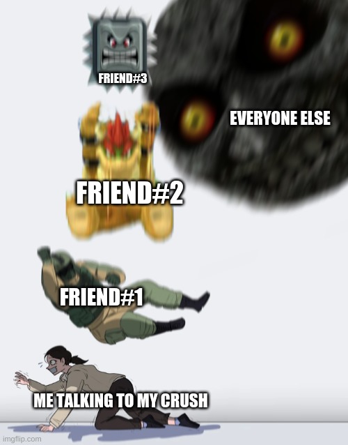 Crushing Combo | FRIEND#3; EVERYONE ELSE; FRIEND#2; FRIEND#1; ME TALKING TO MY CRUSH | image tagged in crushing combo,crush,bowser | made w/ Imgflip meme maker