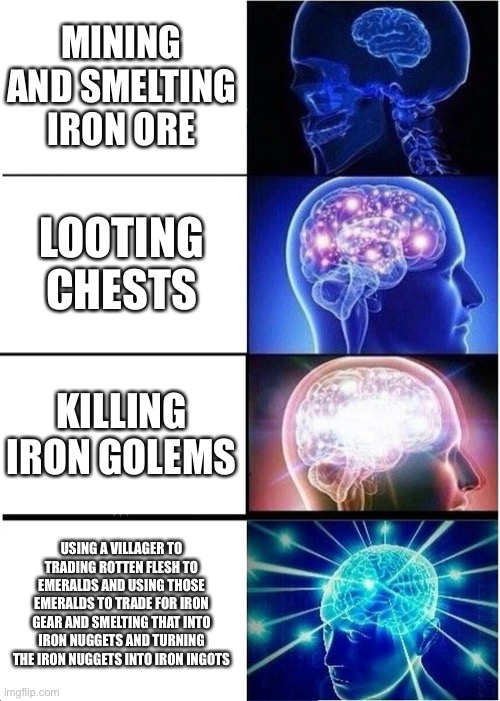 Expanding Brain Meme | MINING AND SMELTING IRON ORE LOOTING CHESTS KILLING IRON GOLEMS USING A VILLAGER TO TRADING ROTTEN FLESH TO EMERALDS AND USING THOSE EMERALD | image tagged in memes,expanding brain | made w/ Imgflip meme maker