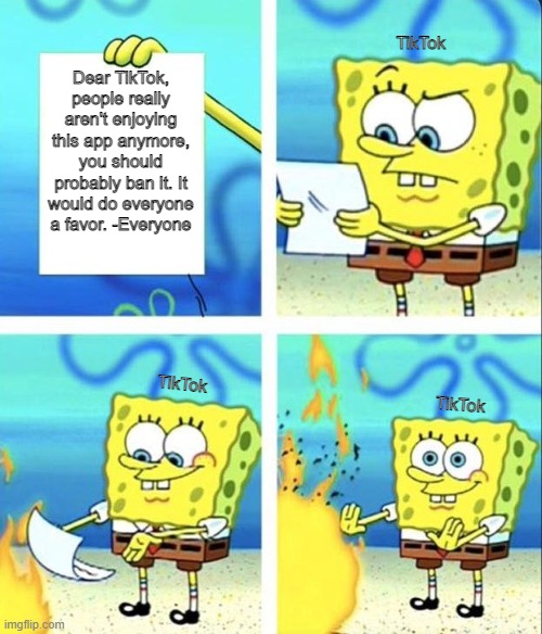 Come on TikTok, it's getting old. | TikTok; Dear TikTok, people really aren't enjoying this app anymore, you should probably ban it. It would do everyone a favor. -Everyone; TikTok; TikTok | made w/ Imgflip meme maker