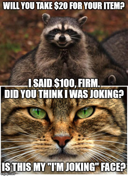 Haggling on a Firm Price | WILL YOU TAKE $20 FOR YOUR ITEM? I SAID $100, FIRM. DID YOU THINK I WAS JOKING? IS THIS MY "I'M JOKING" FACE? | image tagged in evil racoon,craigslist,facebook,bargain | made w/ Imgflip meme maker