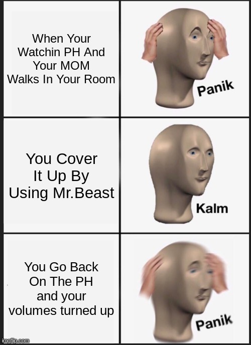 LOL | When Your Watchin PH And Your MOM Walks In Your Room; You Cover It Up By Using Mr.Beast; You Go Back On The PH and your volumes turned up | image tagged in memes,panik kalm panik | made w/ Imgflip meme maker