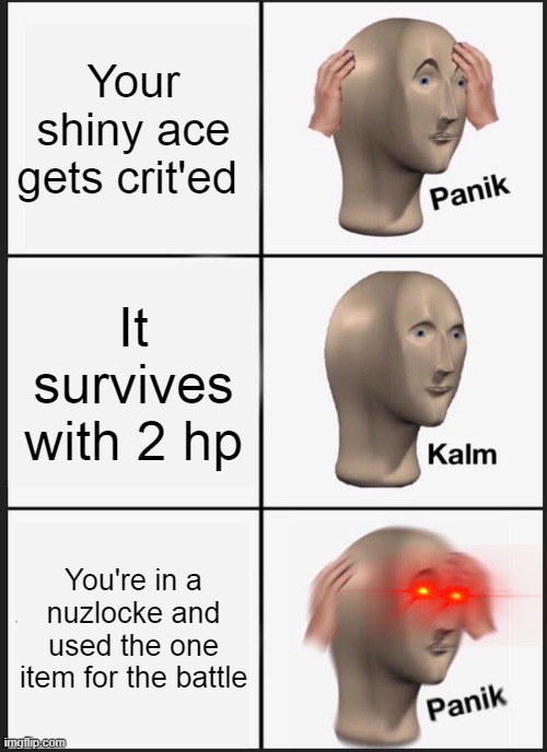 Panik Kalm Panik Meme | Your shiny ace gets crit'ed; It survives with 2 hp; You're in a nuzlocke and used the one item for the battle | image tagged in memes,panik kalm panik | made w/ Imgflip meme maker